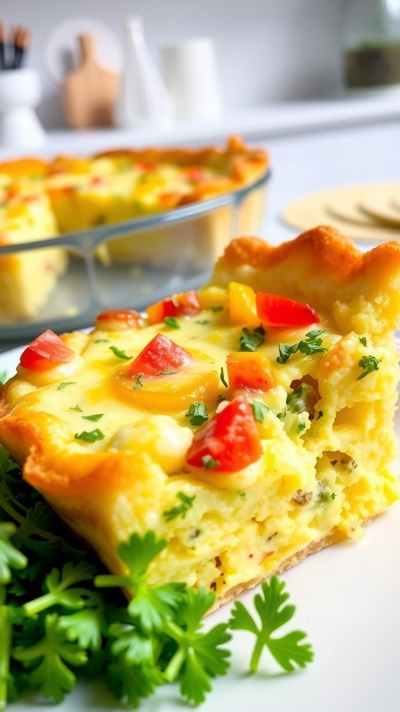 A slice of tortilla quiche with a crispy crust, filled with eggs and vegetables, served with a side salad.